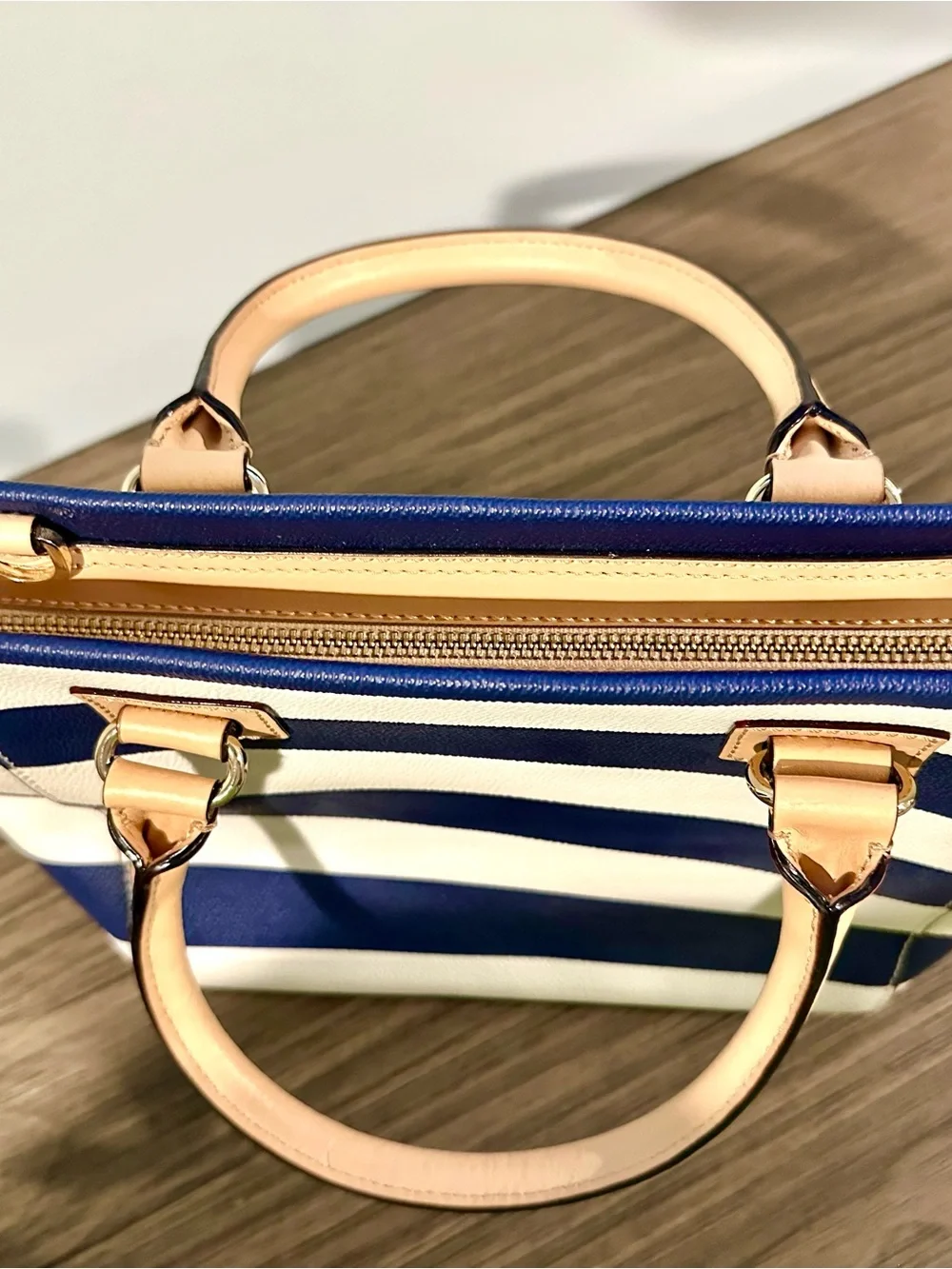 kate spade Camryn Wellesley Striped Navy and White Satchel with Beige Handles